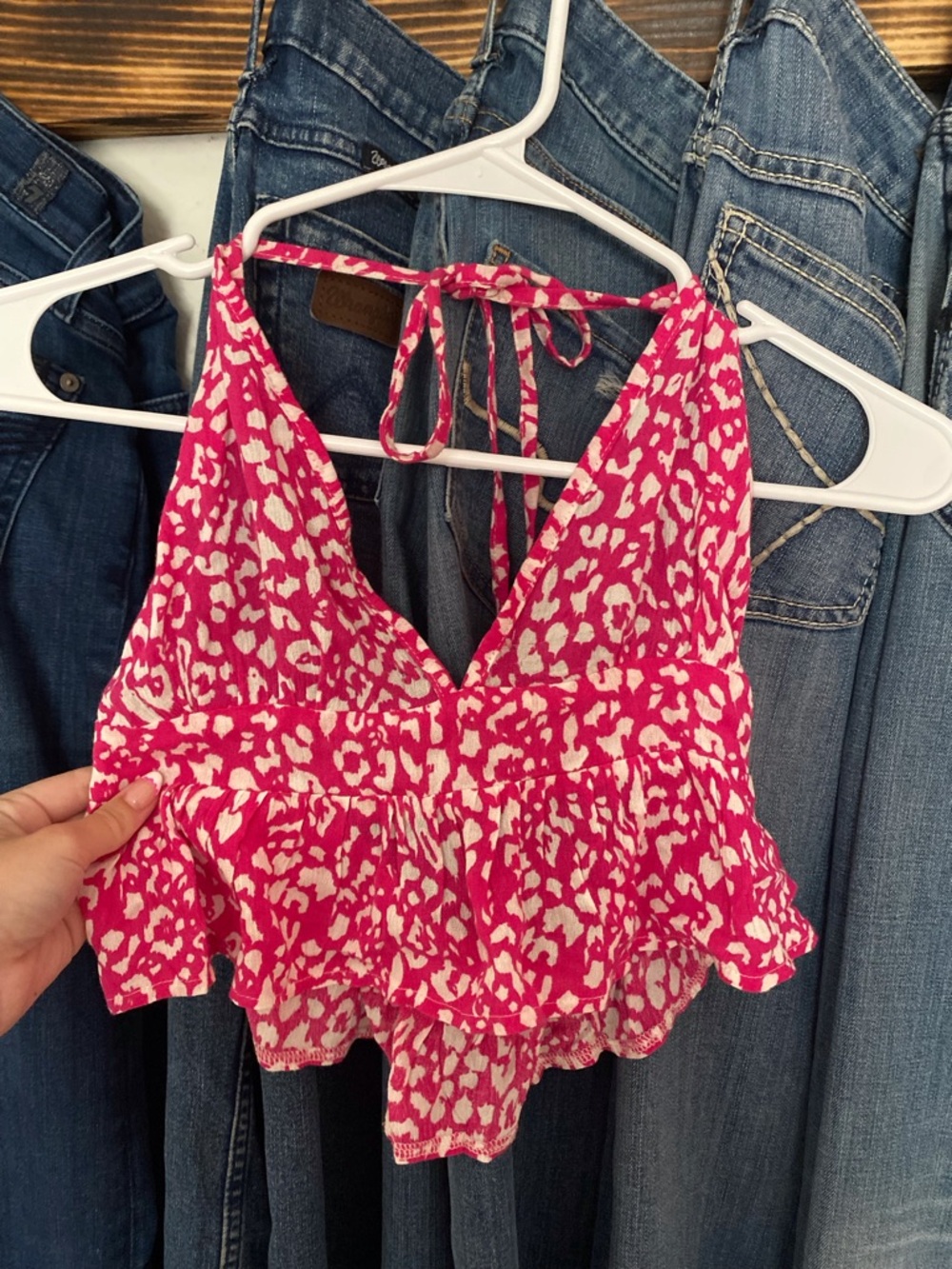 Pink Leopard Print Ruffle Halter Crop Top